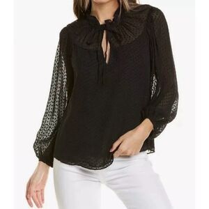 Rebecca Taylor Women's Long Sleeve Clip Dot Black Size 10 Tie Neck Blouse